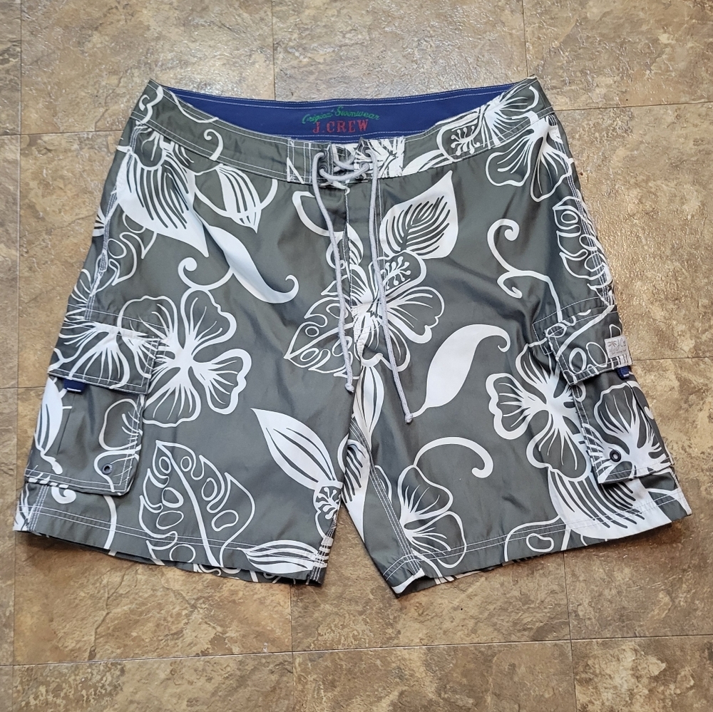 J. Crew Swim Board Shorts Mens 38 Green Beige Floral Hawaiian Beach Surf